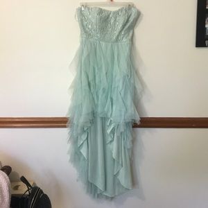 Teal lace illusion ruffle high-low dress